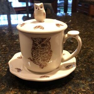 Owl teacup and saucer with lid